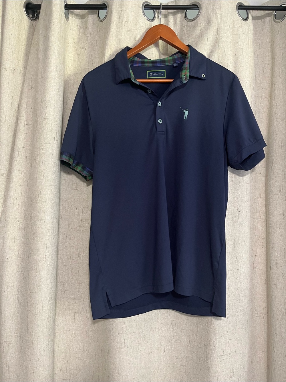 William Murray Navy Polo with Green Plaid Trim and Mint Embroidered Logo